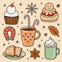 Christmas Dessert Line Art Vector Set | Minimal Holiday Sweets & Bakery Outline Illustrations