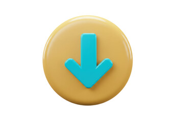 Isolated 3D render of download button with arrow on round disc for user interface design
