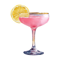 Pink cocktail in a coupe glass with a lemon slice garnish. Depicting a sophisticated alcoholic beverage for festive occasions. Parties. And celebrations