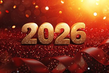 Golden 2026 numbers sparkling with red glitter and bokeh lights creating a festive new year celebration atmosphere