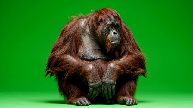 orangutan sitting on green background