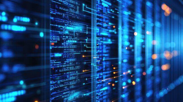 Futuristic AI data server racks with glowing blue and orange lights symbolizing high speed data exchange, perfect for IT infrastructure visuals, technology backgrounds, and digital innovation concepts