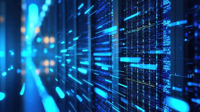 AI powered data center with dynamic blue light trails showing rapid data flow and network communication, ideal for IT technology visuals, digital transformation themes, and cloud computing concepts