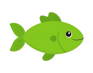Cartoon illustration of a green fish with black eye, small smile, on white background