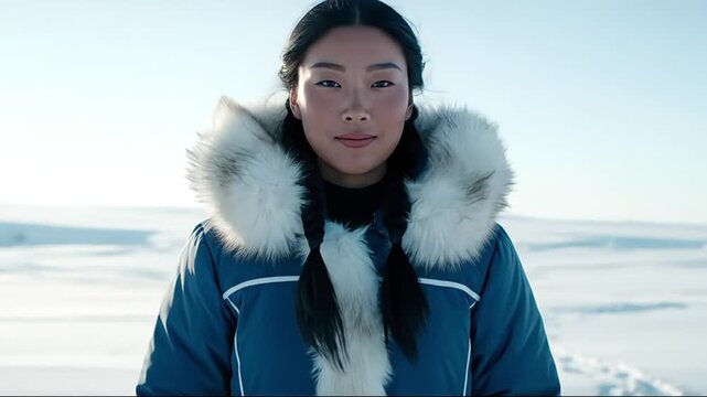 A young Asian woman wearing a warm blue winter parka with fur trim stands in a snowy arctic landscape.