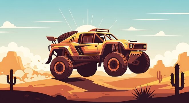 Off-road racing buggy soaring through a desert landscape with cacti and mountains.
