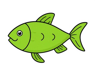 Cartoon illustration of a stylized, bright green fish with a white eye, black outline and fins. Simple design on a white background