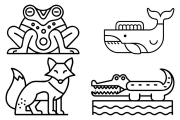 Set of  Modern animal geometric art: Alligator, fox, frog, whale