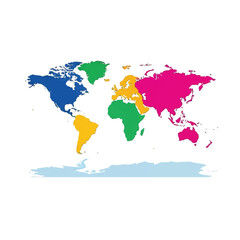 Colorful illustration of a world map with continents in different vibrant colors on a white background.