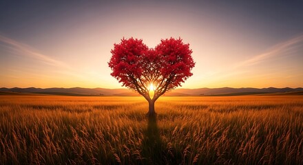 Fototapeta premium Heart-shaped tree in a golden field at sunset, symbolizing love and natures beauty.