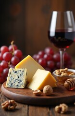 Photo of cheese assortment with red wine glass red grapes and nuts on wooden board. Gourmet food photo with stilton brie cheddar cheese. Dining culinary concept for cafe or restaurant.