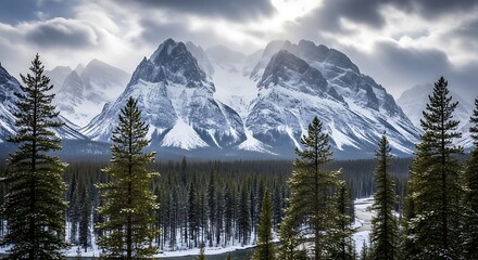 Majestic Snow-Capped Mountains Tower Over a Pine Forest Under a Dramatic Sky.