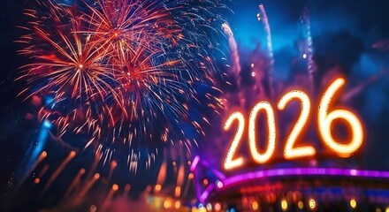 Bright 2026 new year s eve fireworks celebration with glowing numbers and vibrant city lights illuminating the night sky