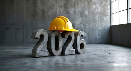 Concrete numbers 2026 with yellow hard hat on top in unfinished construction building symbolizing future projects and planning