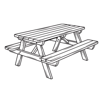 Wooden picnic table and benches isolated on white background