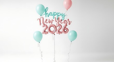 Festive new year 2026 celebration with rose gold and mint green balloons and text