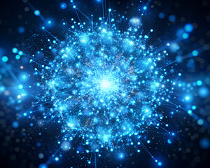 Abstract glowing blue network of lights and particles exploding outward