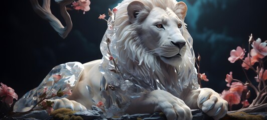 A white lion , a small creature made of glass that is sitting in the palm of your hand,generative AI