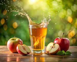Glass of fresh apple juice splash in sunlight with fresh apple slices sunlight background.