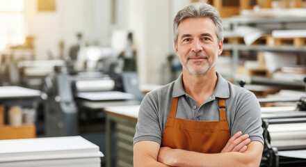 Smiling mature man in apron standing with arms crossed in printing shop looking at camera with copy space
