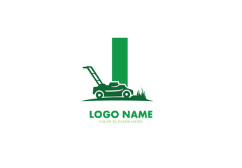 Fototapeta premium Letter I lawn care logo design with mower concept