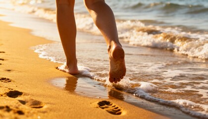 Barefoot person walking on sunny beach with waves and golden summer light.