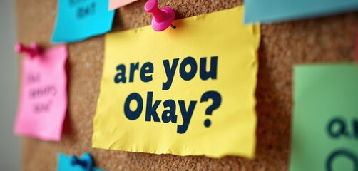 Note with text Okay pinned on corkboard with colorful sticky notes. Mental health awareness emotional support empathy. Useful for publications about stress anxiety depression therapy. Health concept.