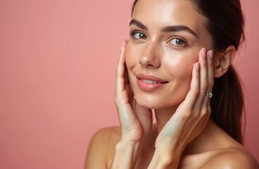 Fototapeta premium Beautiful young woman with healthy glowing skin touches face with fingers on pink pastel background. Brunette lady gently strokes cheeks with hands. Female model cares for complexion. Bare shoulders.