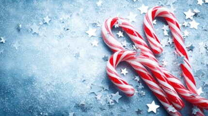 Festive Candy Canes with Star Confetti on a Blue Background for Holiday Celebrations