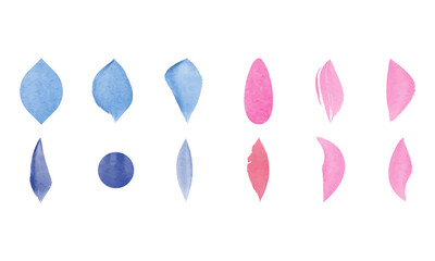 Collection of watercolor styled petal illustrations, arranged in a set of vector graphics. Variety of blue and pink colors. Usable in different projects or for environmental conservation visuals.