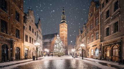Obraz premium Festive European Cityscape at Night with Snowfall: A Winter Holiday Scene with Architectural Landmarks