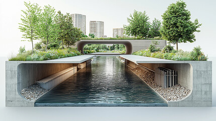 Cutaway view of urban flood management system design Generative AI