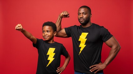 African American Father and Son Superhero Team Posing in Matching Shirts on Red Background