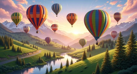 Obraz premium Colorful Hot Air Balloons over Green Hills and Snowy Mountains at Sunrise ,Scenic Landscape Vector Illustration in Warm Pastel Colors