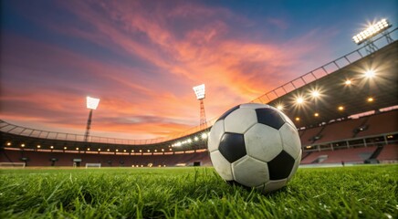 Soccer Ball on Field at Sunset in Stadium
