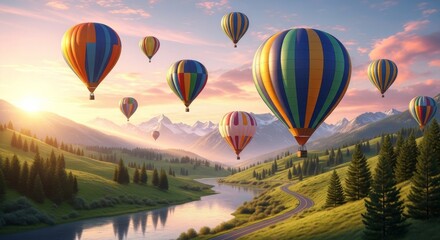 Fototapeta premium Colorful Hot Air Balloons over Green Hills and Snowy Mountains at Sunrise ,Scenic Landscape Vector Illustration in Warm Pastel Colors