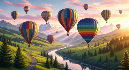 Fototapeta premium Colorful Hot Air Balloons over Green Hills and Snowy Mountains at Sunrise ,Scenic Landscape Vector Illustration in Warm Pastel Colors