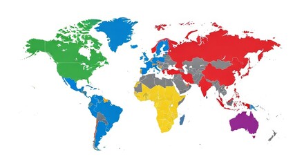 Obraz premium World Map Vector Illustration Simplified Global Continent Design with Distinct Bright Colors on White Background