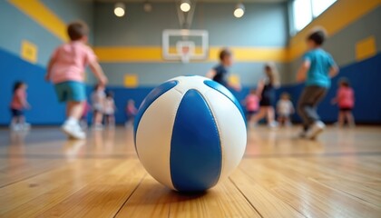 Blue and white ball rests on gym floor. Children play dodgeball actively in blurred background. Focus on game object, team sports fun, and active childhood.