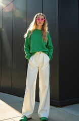 Obraz premium Young blonde woman stands posing outdoors. Wears comfy green sweater, white wide leg pants. Pink sunglasses, headband complete stylish look. Bright sun shines on long blonde hair against dark wall.