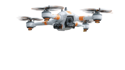 White and orange quadcopter drone flying isolated on transparent background