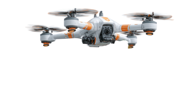 White and orange quadcopter drone flying isolated on transparent background
