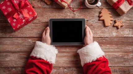 Christmas Shopping Online: Santa Claus Holds a Tablet on Wooden Background with Gifts and Cookies