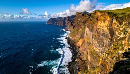 Breathtaking coastal panorama, showcasing towering cliffs meeting the deep blue ocean under a vibrant sky filled with fluffy clouds. Rocky shoreline below
