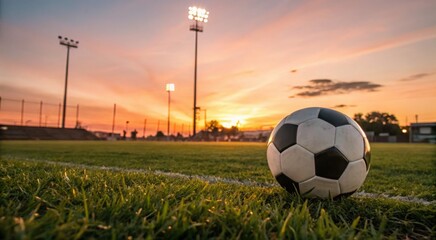 "Soccer Ball on Green Field Under Stadium Floodlights at Sunset | Football Match Preparation, Sports Motivation and Energy"