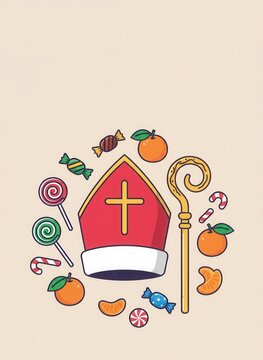 Flat vector illustration of Sinterklaas symbols with a mitre and crozier. Traditional Saint Nicholas holiday treats and candy. Dutch celebration concept with copy space