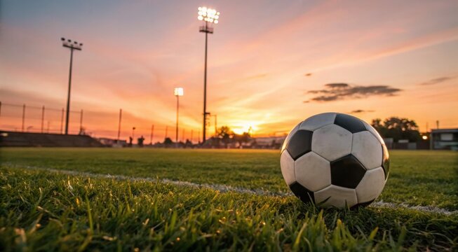 "Soccer Ball on Green Field Under Stadium Floodlights at Sunset | Football Match Preparation, Sports Motivation and Energy"