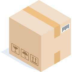 Isometric brown cardboard shipping box with fragile and keep dry symbols sealed with beige tape and barcode on transparent background isometric illustration