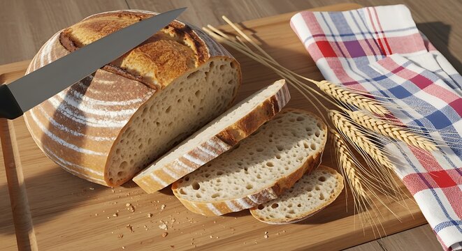 Freshly baked sourdough bread sliced on a wooden board with wheat stalks