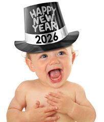 2026 Happy new year baby. Toddler wearing a tophat for New Years eve party. 2026 celebration